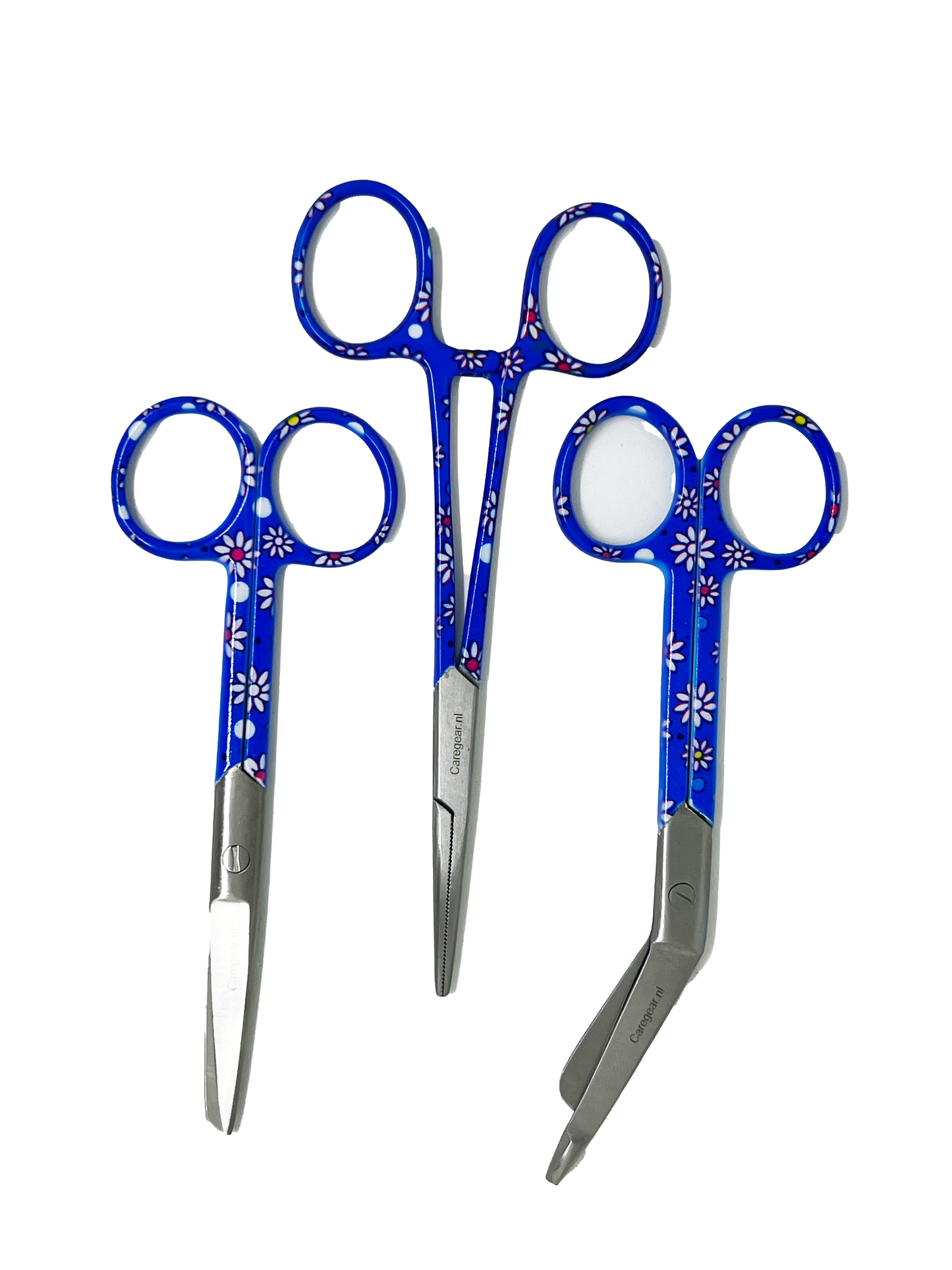3 delig scharen set verpleegkundige Blauw met witte bloemen (naam graveren)