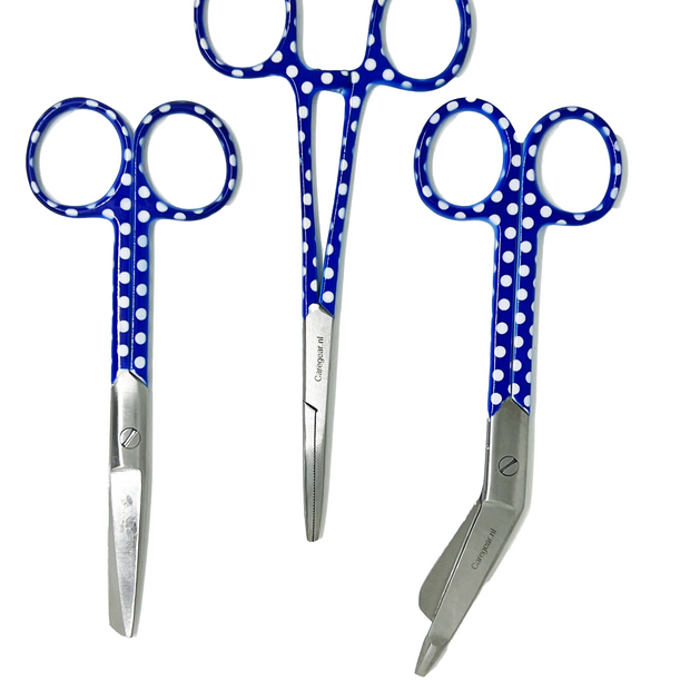 3 delig scharen set verpleegkundige Blauw met witte stippen (naam graveren)