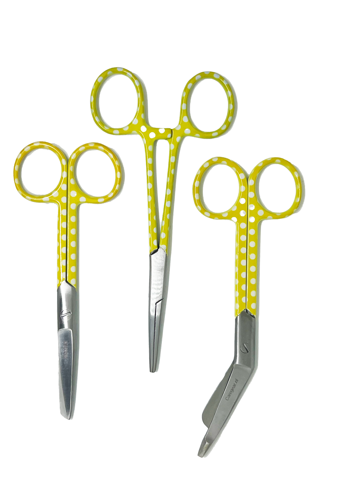 3 delig scharen set verpleegkundige Geel met witte stippen (naam graveren)