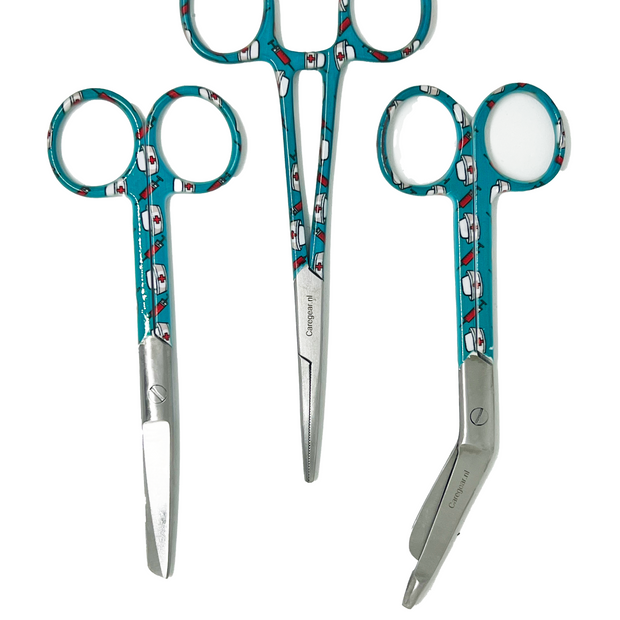 3 delig scharen set verpleegkundige Groen/Blauw met verpleegkundige muts (naam graveren)