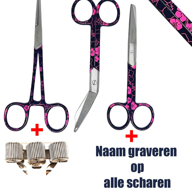 3 delig scharen set verpleegkundige bloemen/zwart