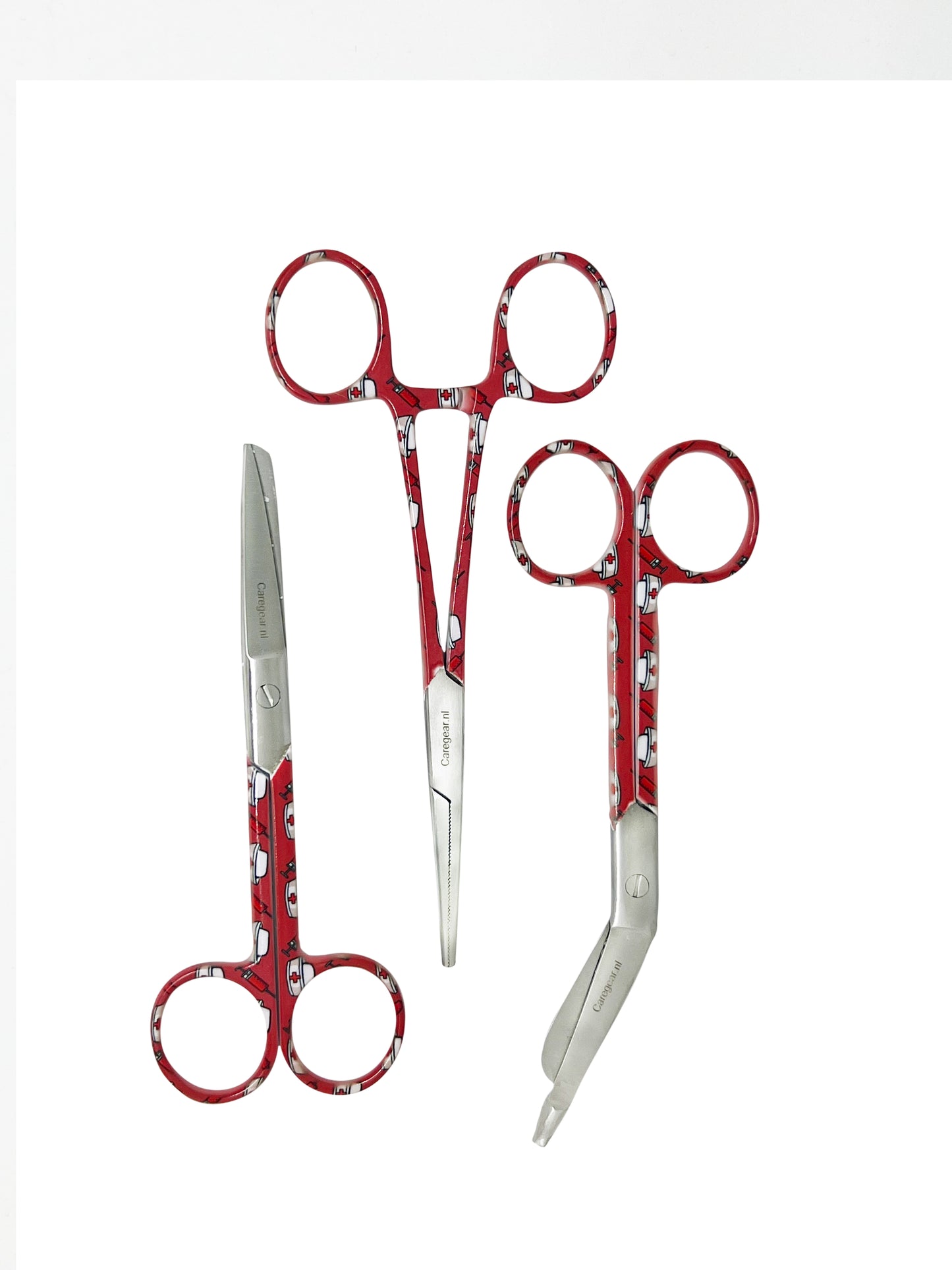 3 delig scharen set verpleegkundige Rood met verpleegkundige hoedjes (naam graveren)